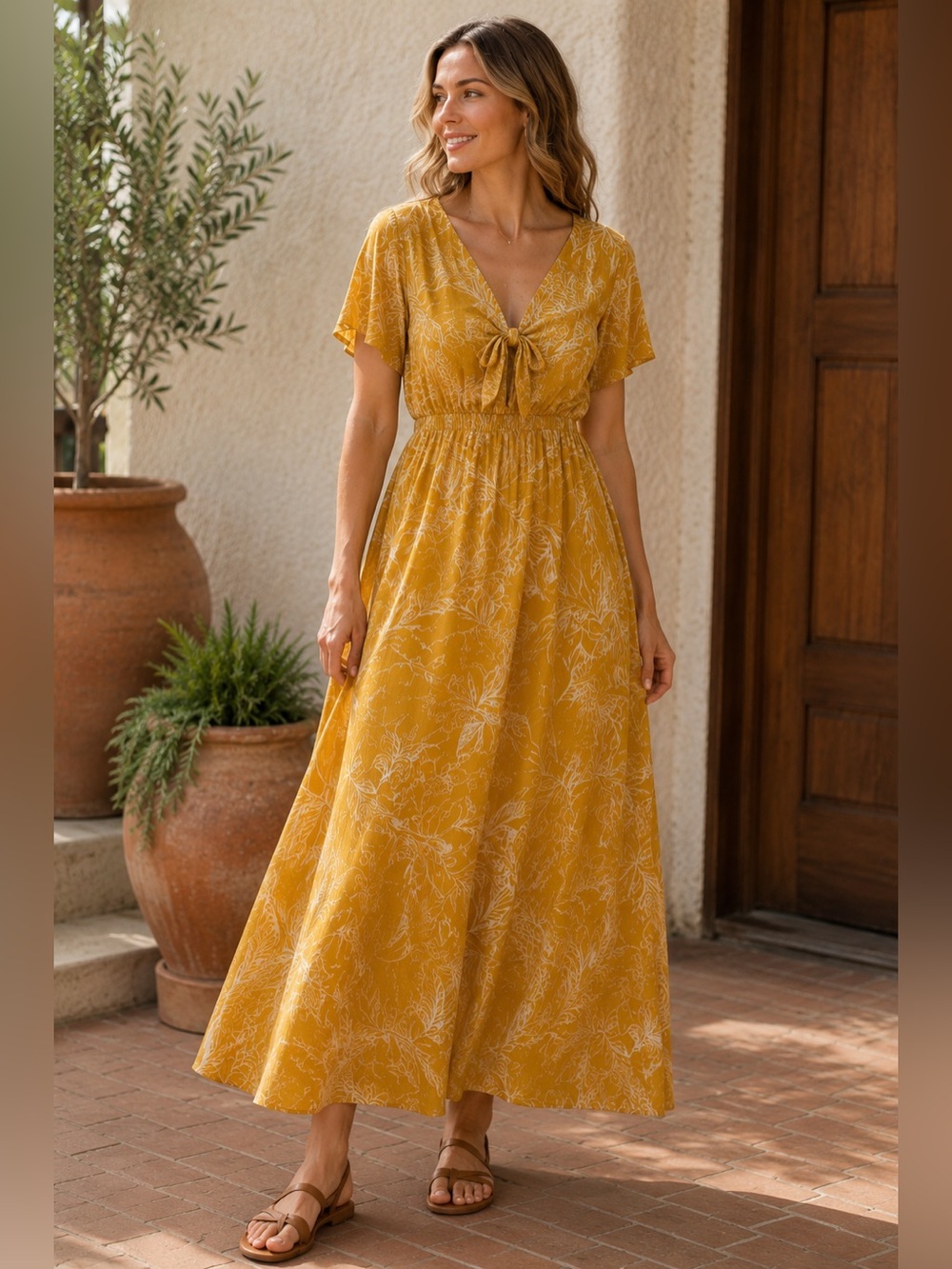 Böhme Mustard Yellow Botanical Crinkle Maxi Dress Large